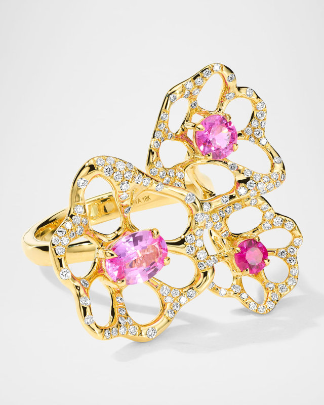 18K Gold Stardust Drizzle Three Flora Ring in Diamonds and Pink Sapphires